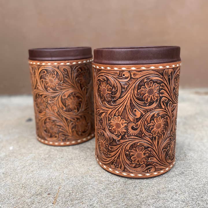 Western Linens - Wholesale Basket - Tooled Leather Basket Bin