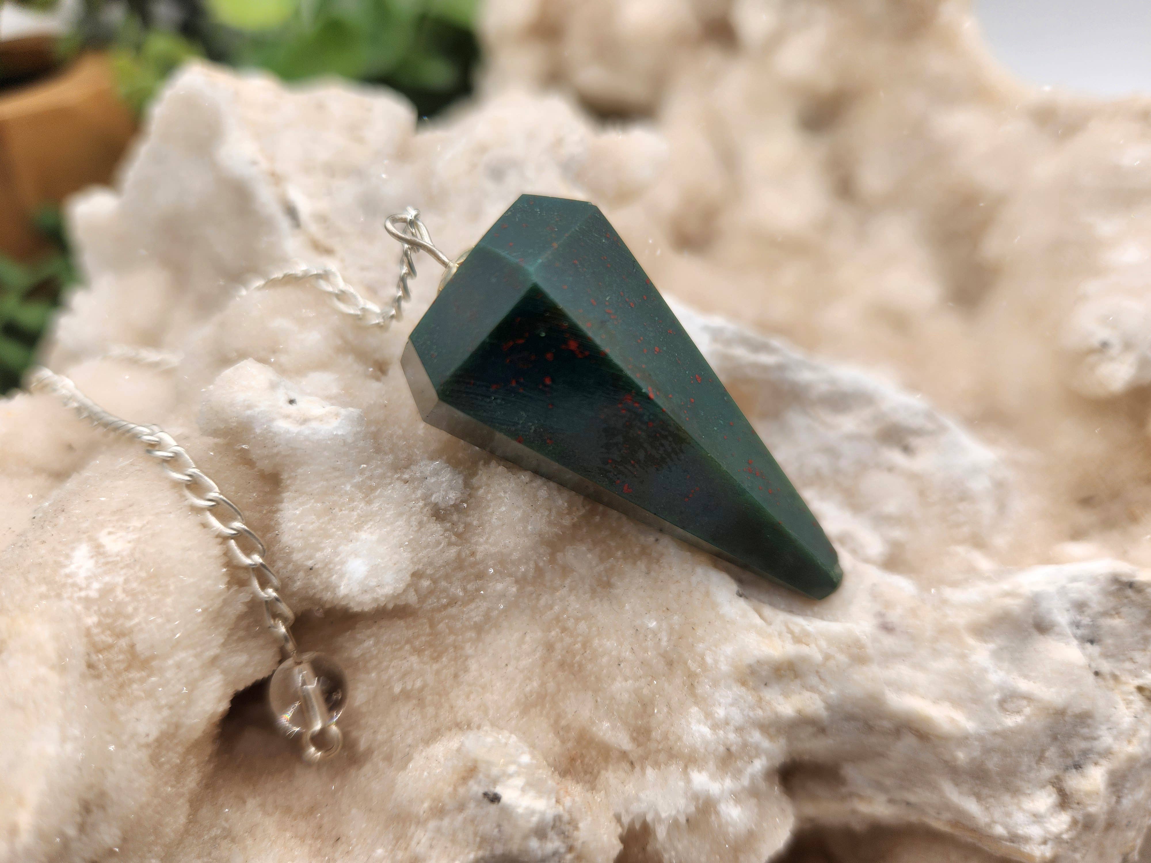 Meraki Gemstones – wholesale Pendulum board – Bloodstone Gemstone Pendulum w/Silver plated chain5