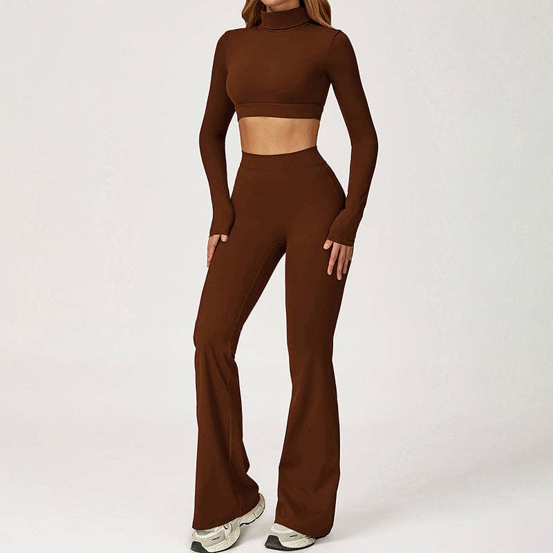 WONDERXFANS - Wholesale Activewear Set - Women's - High-Neck Cropped Long Sleeve + Flared Leg Pants 2-Piece Set18