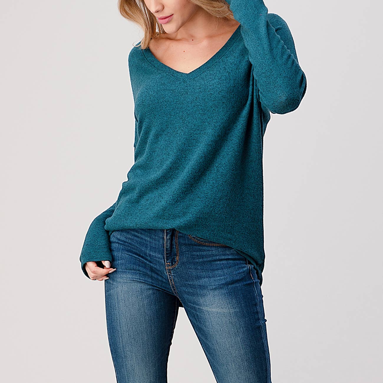 Heimious - Wholesale Knit Top - Women's - Long Sleeve V-neck Brushed Knit Top, 273860