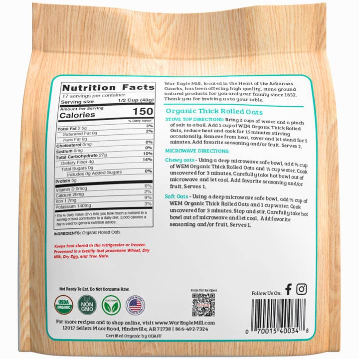 War Eagle Mill Food Group - Wholesale Oats - Organic Thick Rolled Oats – 24 oz Bag1