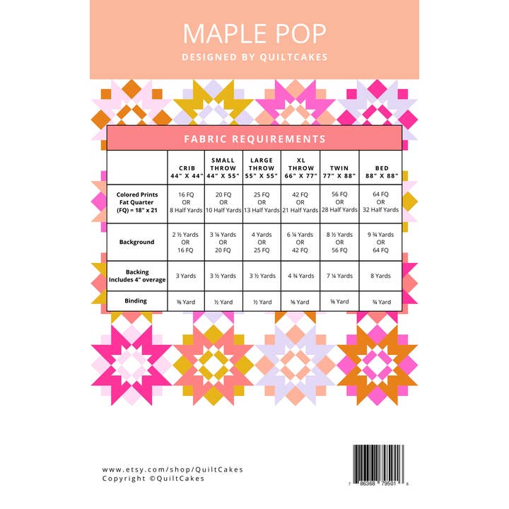QuiltCakes - Wholesale Craft sewing kit - Maple Pop Quilt Pattern Printed1