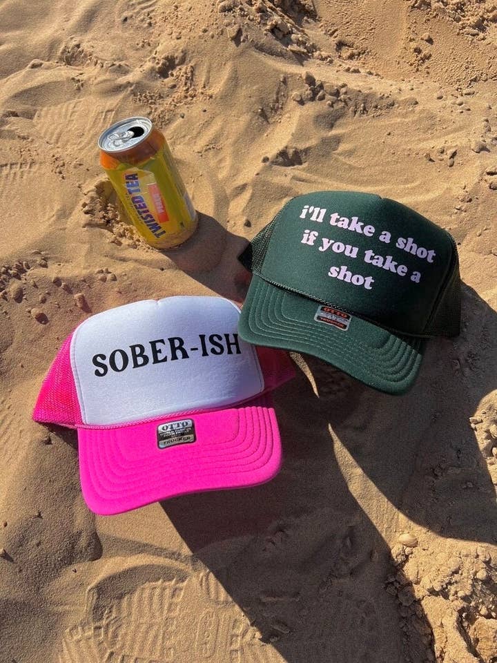 Sober-Ish Day Drinking Cowgirl Bachelorette Trucker Hat for wholesale by Threaded Rodeo