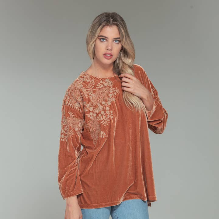 Paparazzi By Biz - Wholesale Blouse - Women's - 1321-MAT Stretch Velvet Tonal Embroidered Shoulder Top