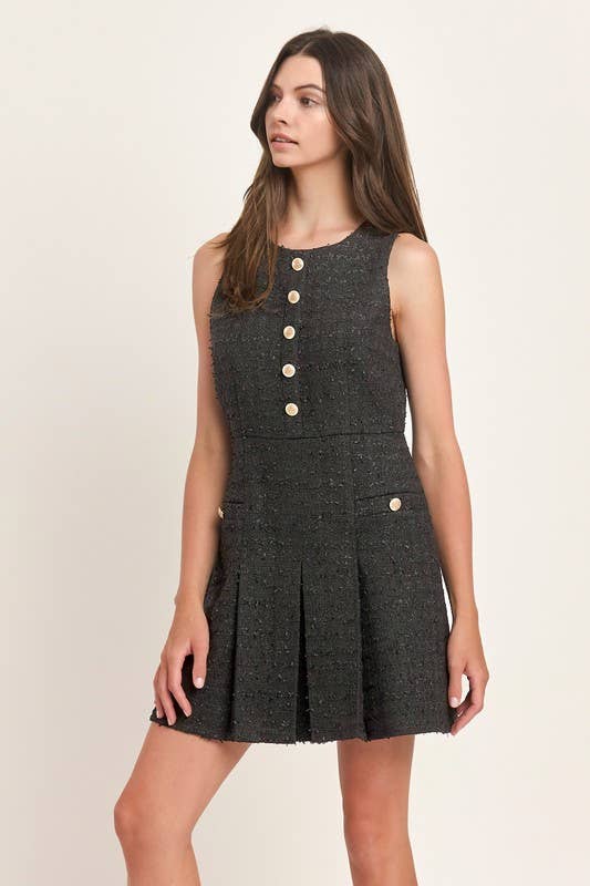 Black Sleeveless Tweed Pleated Mini Dress for wholesale on Faire7