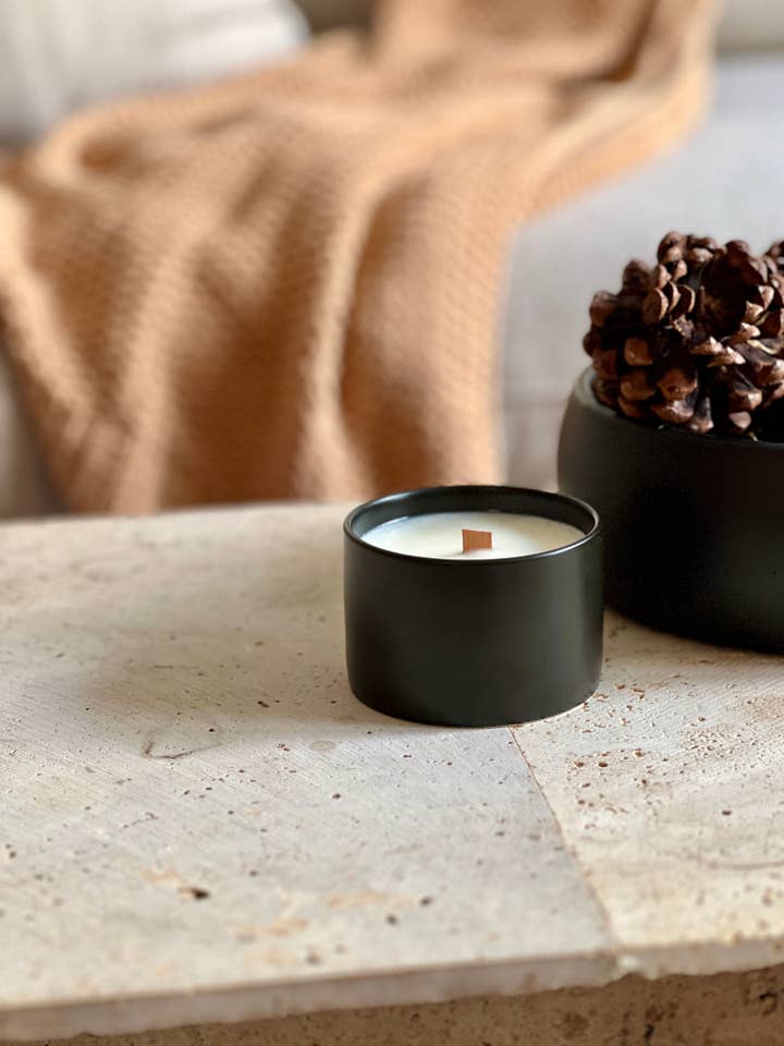 Vineyard 6oz Soy Wood Wick Candle Ceramic Black Matte for wholesale by Hello October Candle Co.