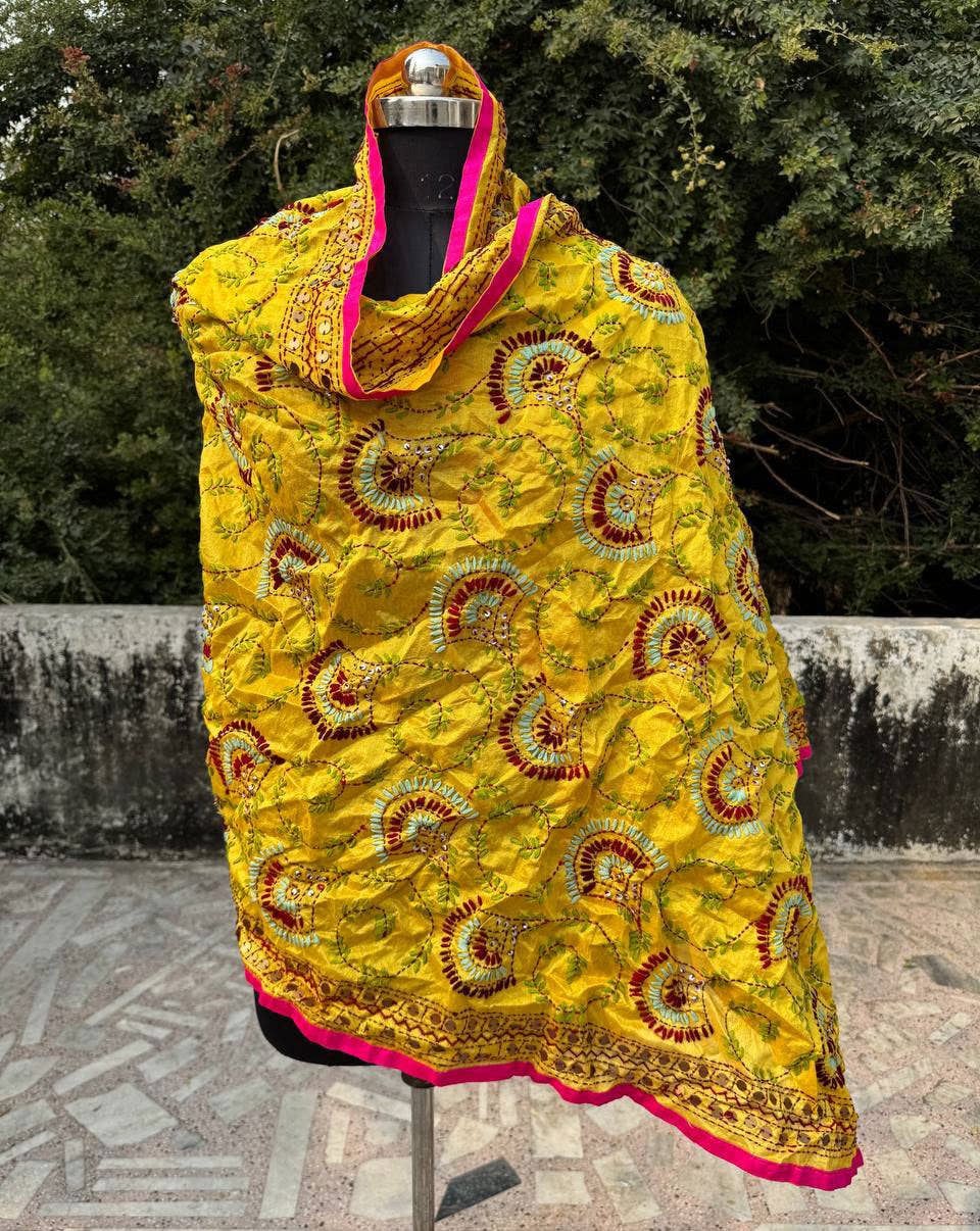 bhavnas boutique - Wholesale Wrap - Women's - Yellow Cotton Scarf Embroidery Thread Work Phulkari Dupatta3