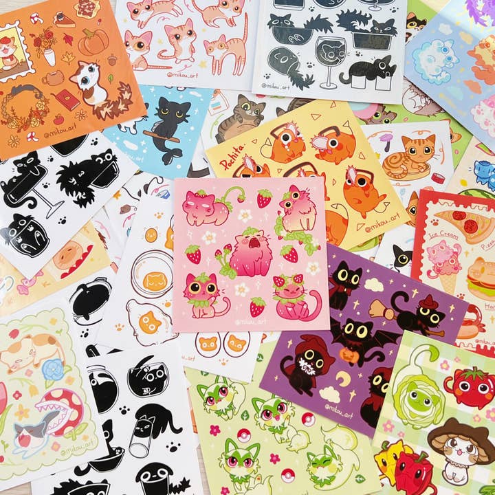 MikouArt - Wholesale Sticker - Whimsical Halloween Cat Collage Vinyl Sticker Sheet | 5.5x5.5 inch | Mikou Original Art