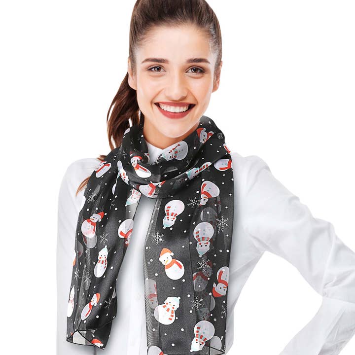 Cube Enterprise - Wholesale Scarf - Women's - Snowflakes & Snowman Winter Theme Scarf - Silk Feeling Scarf