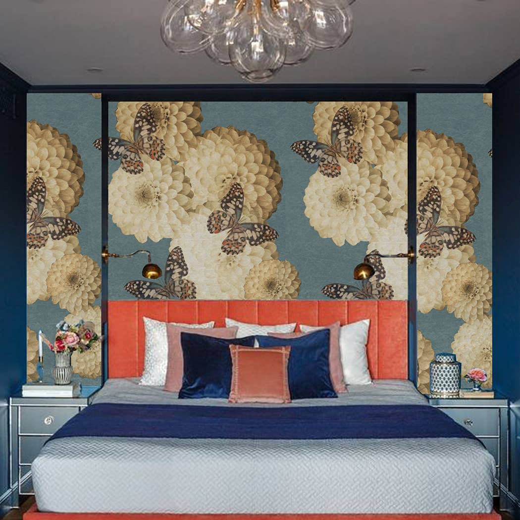 Daria Petrilli - Wholesale Wallpaper - WHITE DAHLIA AND BUTTERFLY LIGHT BLUE - WALLPAPER1