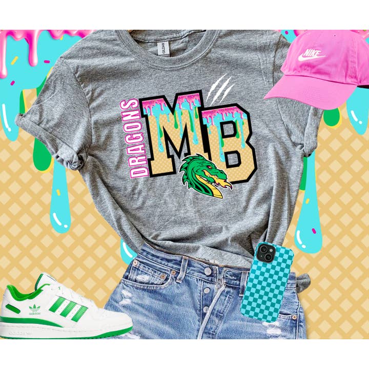 Mid-Buch Dragons Ice Cream Drip Grey Tee for wholesale by The Red Rival Wholesale