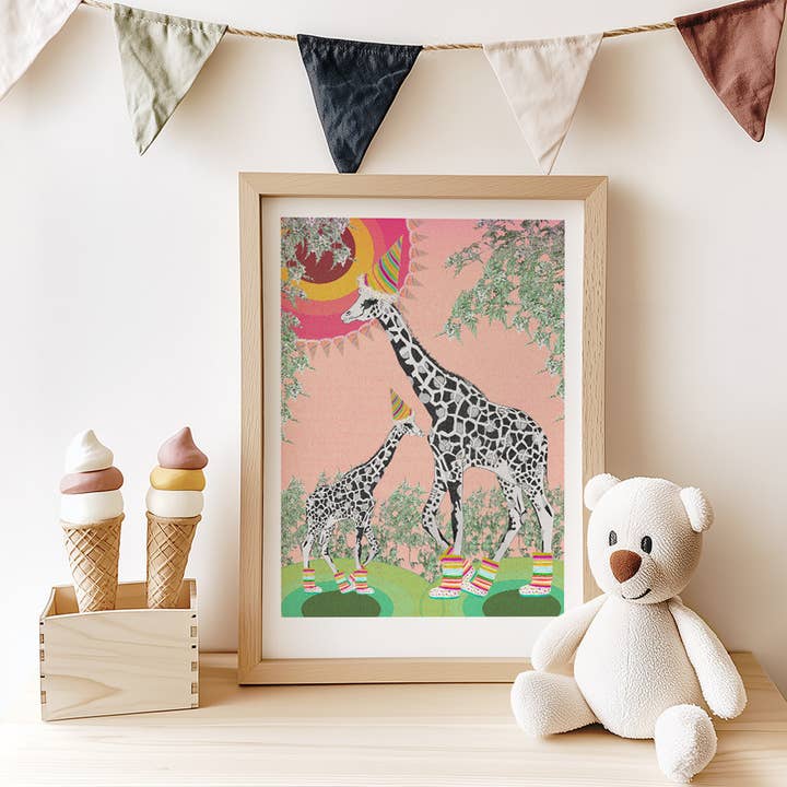 Party Giraffes A4 Giclée Print for wholesale by Fancypantsrodgers Illustration