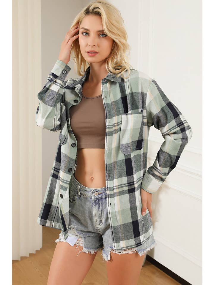 PRETTY BASH - Wholesale Button Down Shirt - Women's - Plaid Patch Pocket Buttoned Shirt2