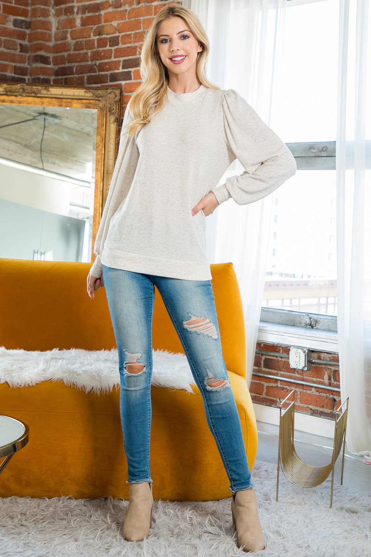 You & Me - Vente Haut en maille – femme - VENTE ! ! ! PPT21143 - HAUT À MANCHES BOUFFANTES À COL ROND - ANTHRACITE31