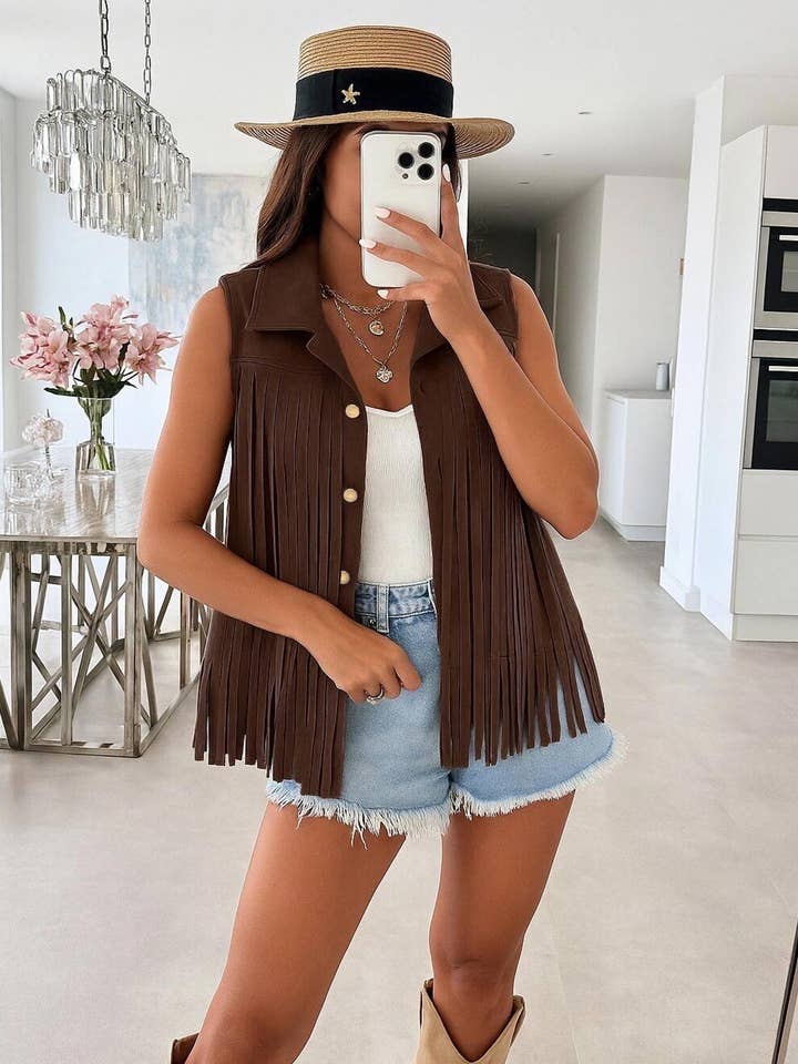 Nevada Suedette Tassel Gilet Vest-Brown for wholesale by Catwalk Wholesale