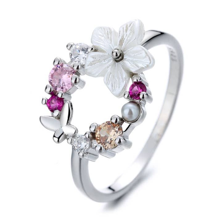 14 Rose Gold and Sterling Silver Open Floral Ring with Crystals for wholesale by Amy and Annette