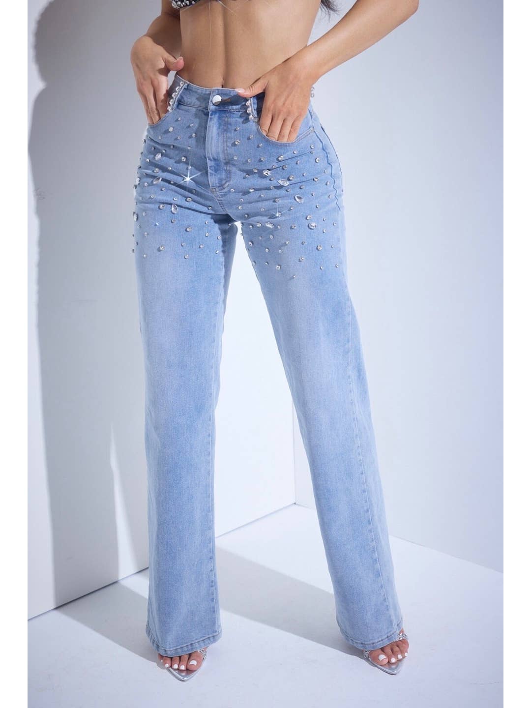 Wholesale Rhinestone High Rise Jeans with Stretch for your store