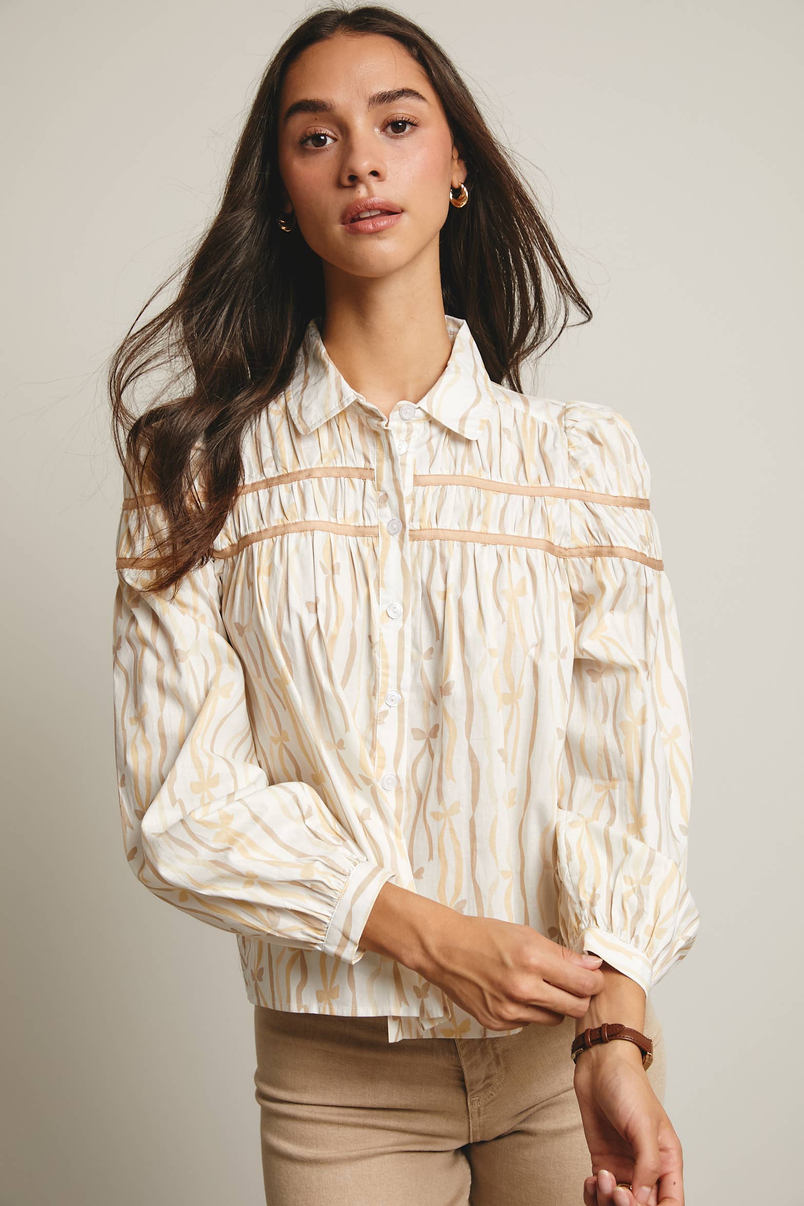 Forte – wholesale Blouse – Women’s – Ribbon Stripe Puff Sleeve Blouse FT00052