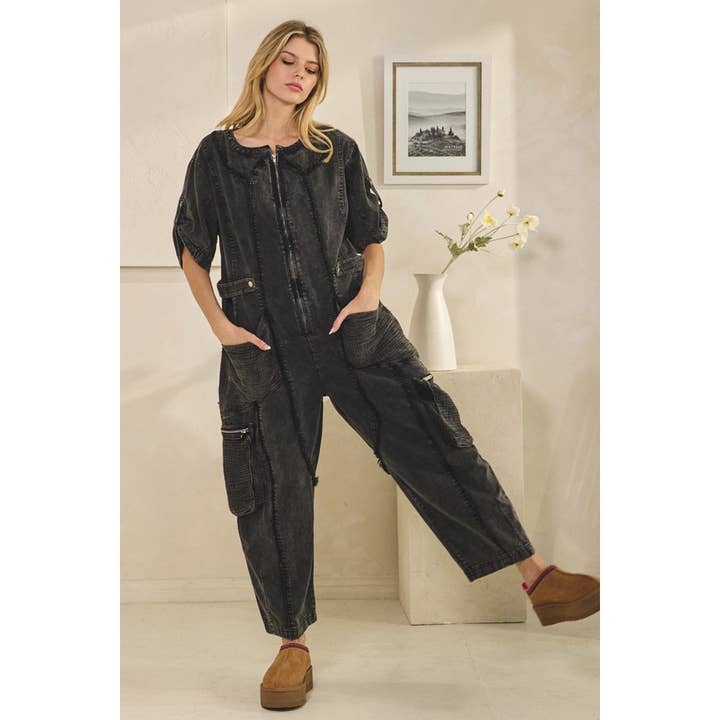 GEWASSEN KORTE MOUWEN JUMPSUIT voor wholesale door Oli&Hali