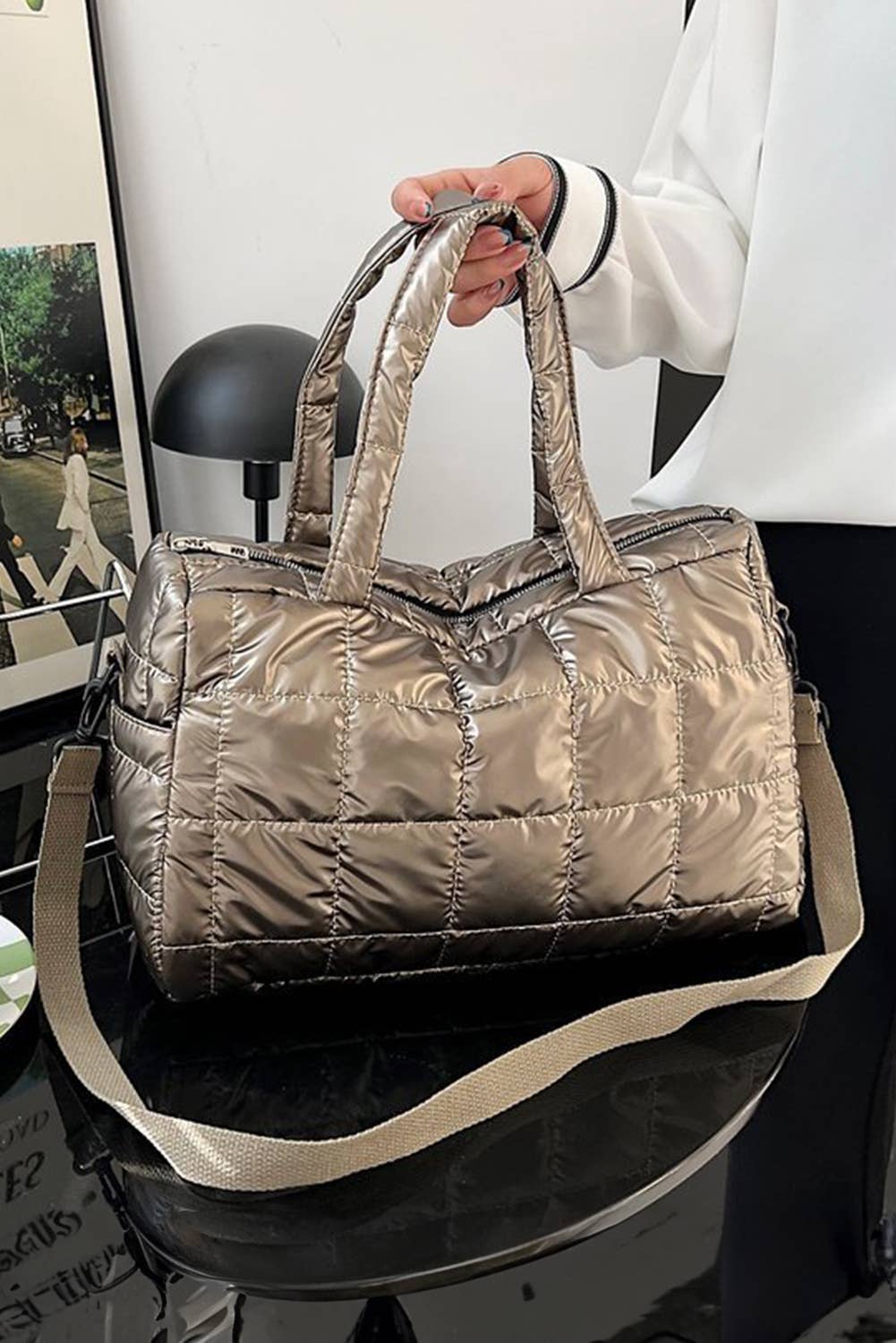 As shown Gold Chic Quilted Puffer Tote Bag for wholesale on Faire2