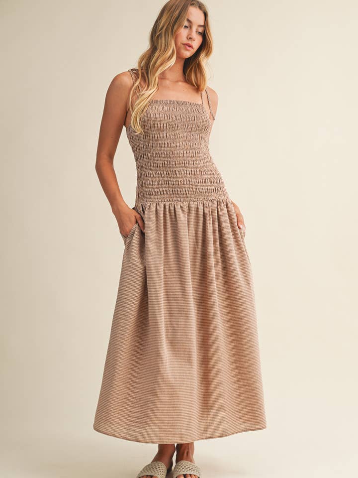 GINGHAM DRESS WITH FULLY SMOCKED BODICE for wholesale by Mustard Seed