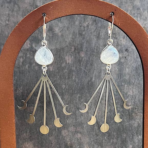 Silver Moonstone Earrings with Moon Phase Charm for wholesale by Carley King Jewels