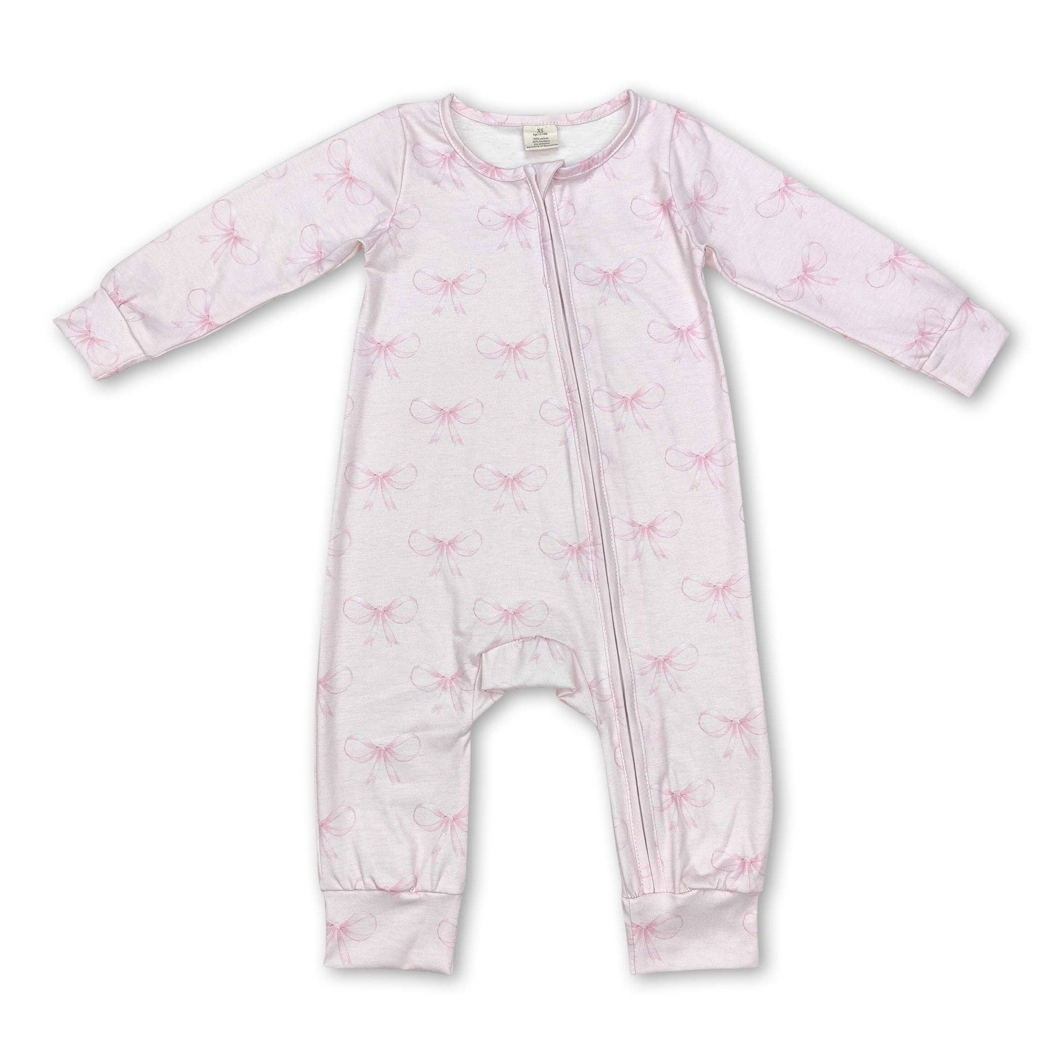 Yawoo Garments - Vente Grenouillère – bébé - Dormeuse zippée en bambou à manches longues et nœud rose pour bébé fille0