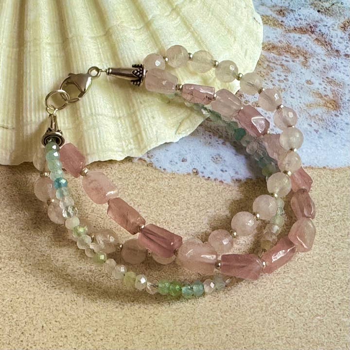 Three Strand Rose Quartz and Morganite Bracelet in Sterling Silver for wholesale by Toad Song Jewelry