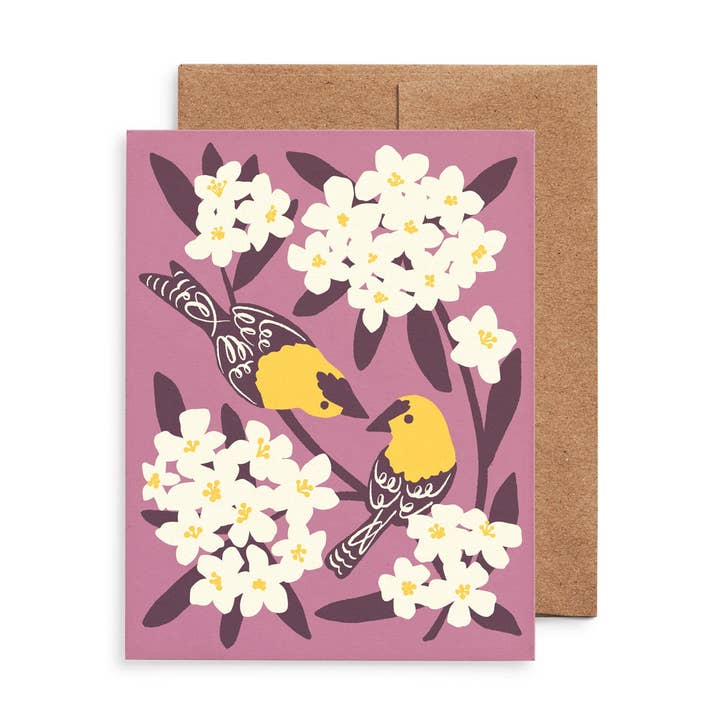 Goldfinches & Oleander Greeting Card: Original Bird Art, Eco-Friendly for wholesale by Nuthatch Studio