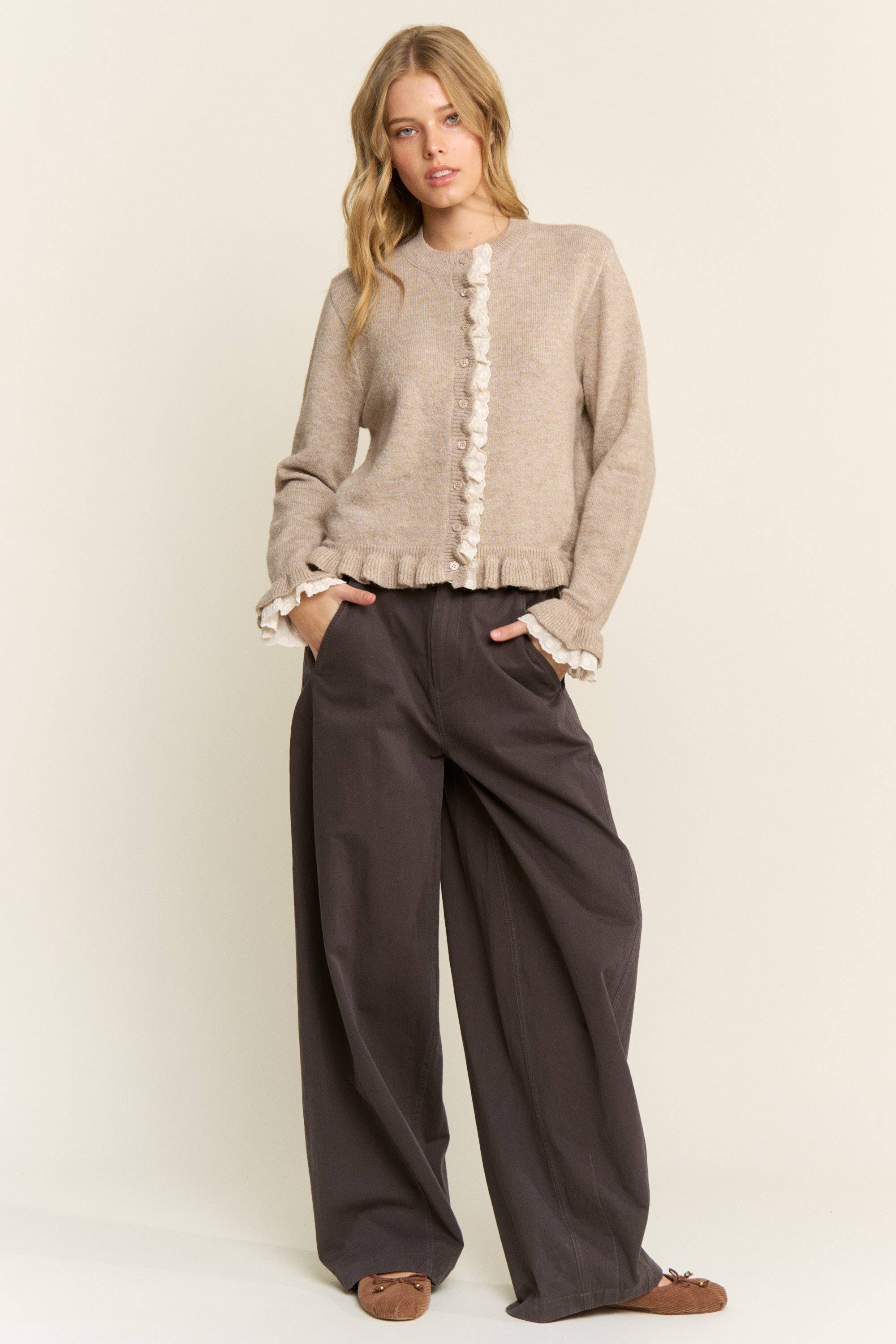 CANDESCENT - Wholesale Cardigan - Women's - Lace Trim Ruffle Hem Cardigan4