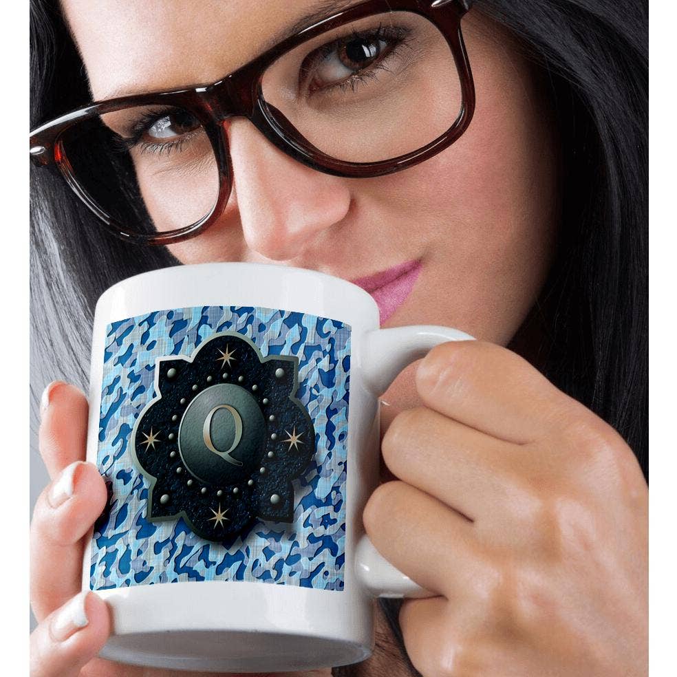 3dRose - Wholesale Coffee Mug - 3dRose, Letter Q- Image of metal badge over blue camo pattern, Mug9