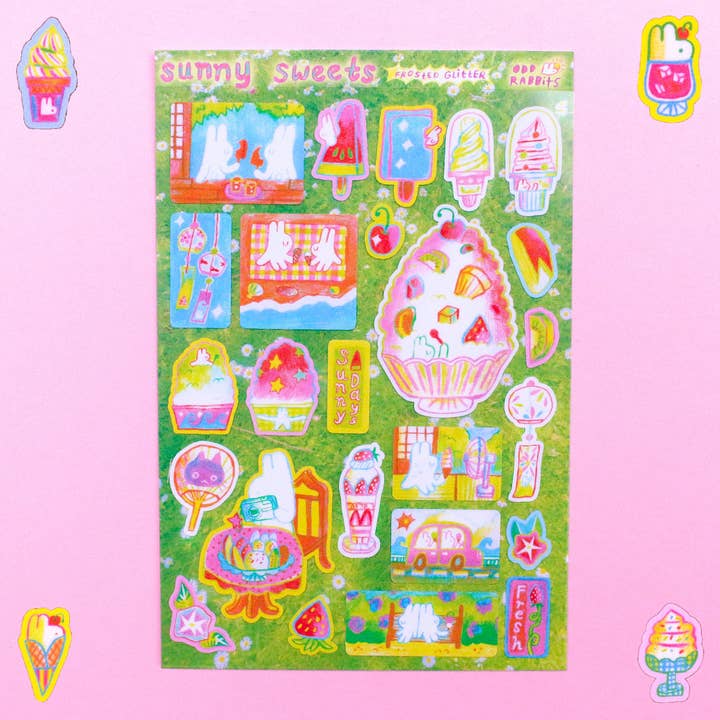 Feuille d'autocollants A6 'Sunny Sweets' en paillettes givrées pour la vente par Odd Rabbits