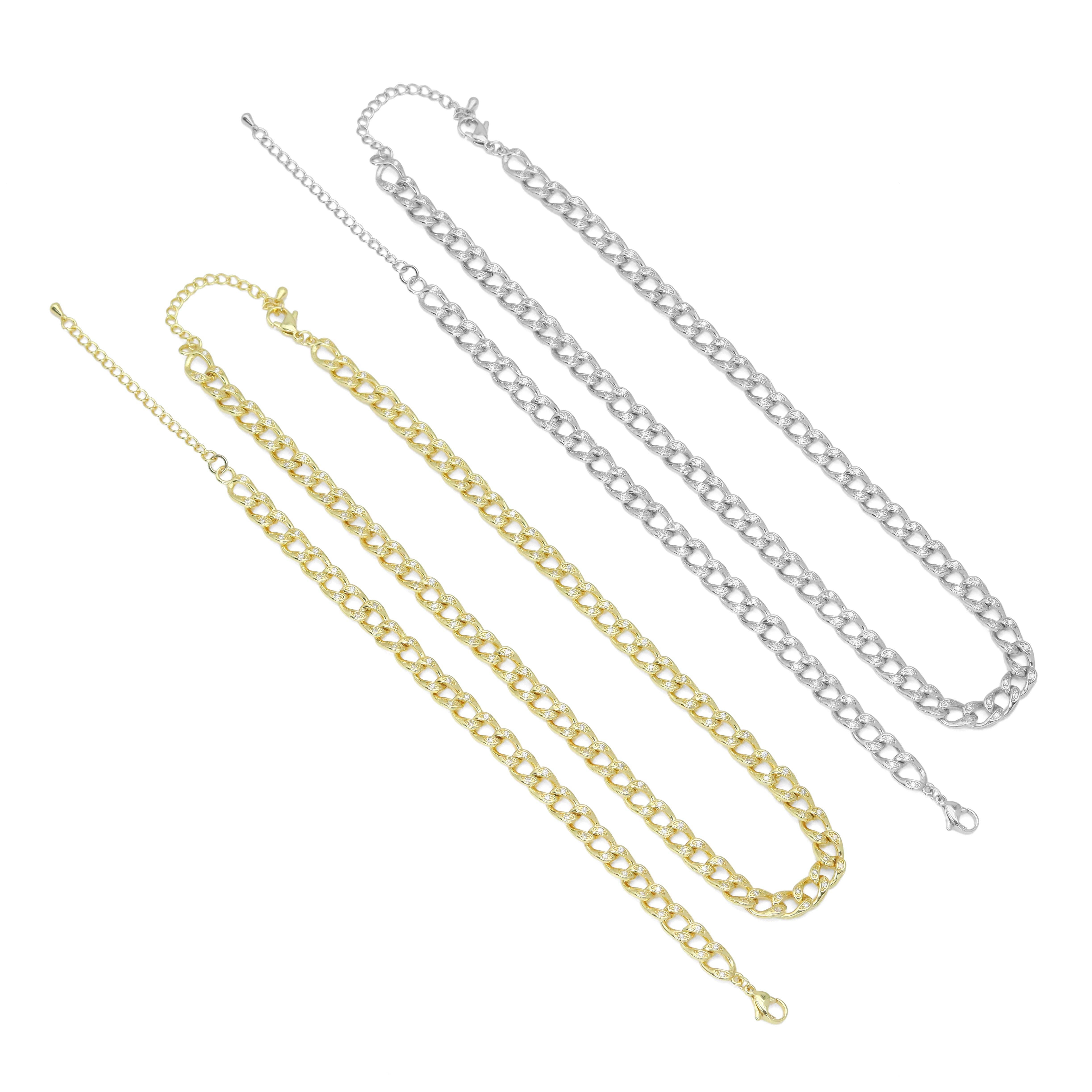 BestBeads&Beyond - Vendita all'ingrosso Collane a catena e maglie - Bracciale a catena cubana in argento e oro con zirconia cubana, Sku #A3750