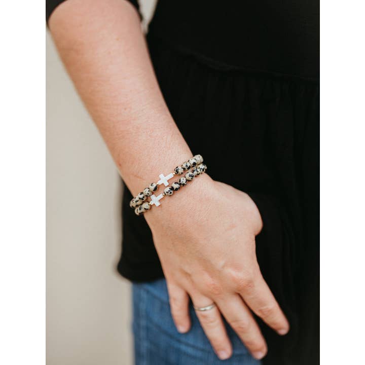 Opal Cross and Dalmatian Jasper Bracelet, The Hosanna for wholesale by Kelsey O’Brien Designs