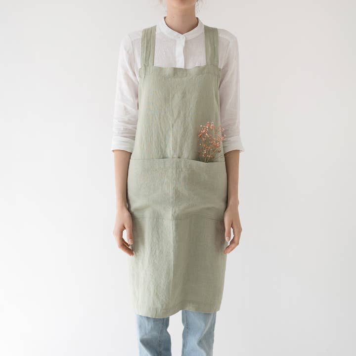 Sage Linen Japanese Crossback Apron for wholesale by Linen Tales (We cover U.S. import duties)