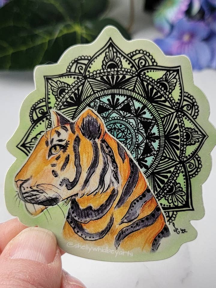 Mandala Tiger Mandala Sticker Design for wholesale by Shelly Whidbey Arts