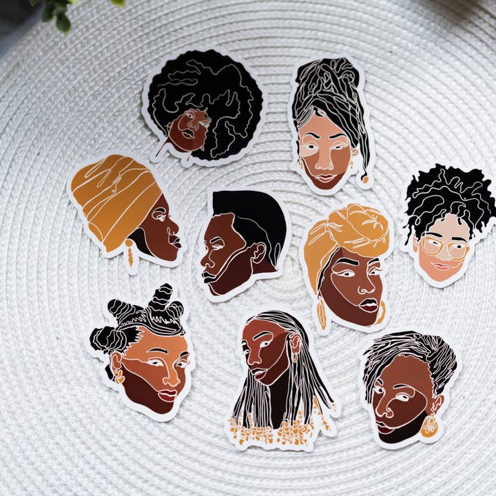 Pounded Yam Productions - Wholesale Sticker - Black Woman Faces Line Art Die Cut Stickers