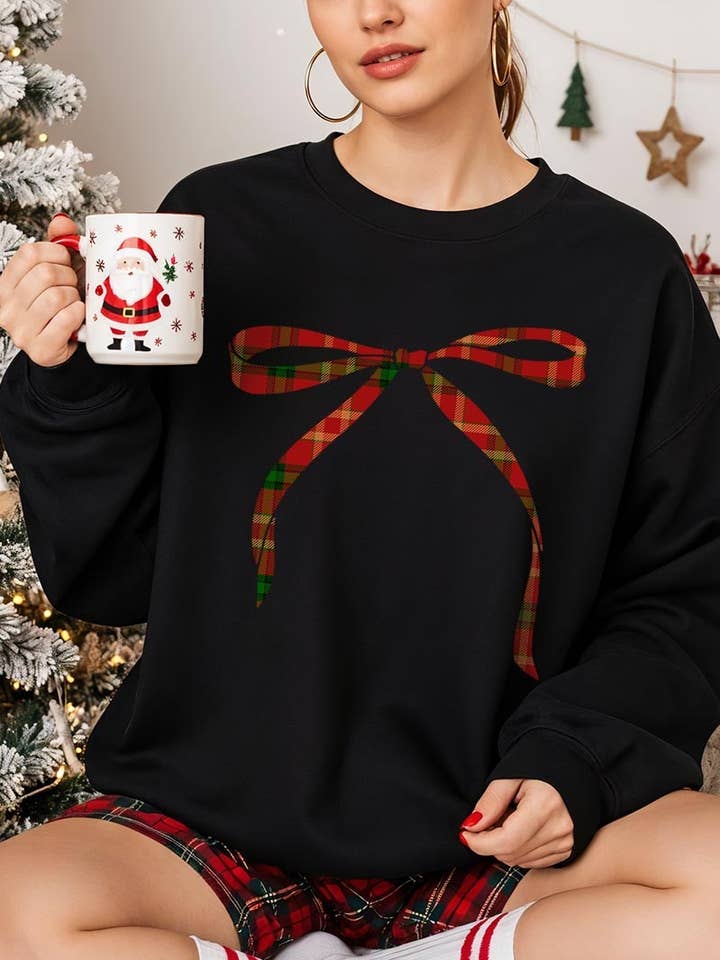 Felpa Grafica Natalizia con Fiocco Rosso per la vendita all'ingrosso da parte di COLORBEAR