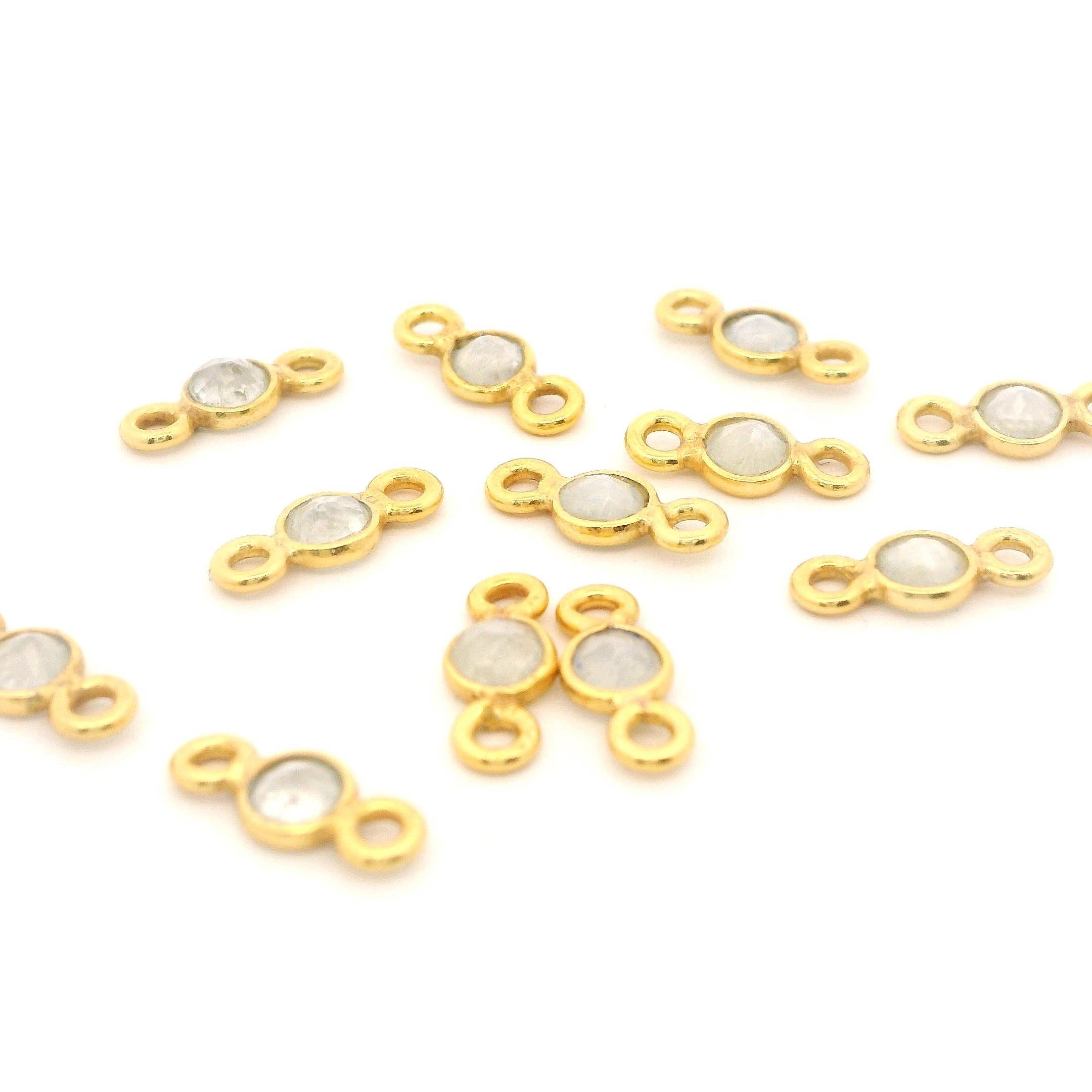 Purity Beads – wholesale Individual charm/pendant – Mini Bezel Gemstone Connectors – Blue Labradorite or Rainbow Moonstone | 4mm Finished Size (3mm Stone) | 2 Loops | Sterling Silver or Gold Plated | Pack of 122