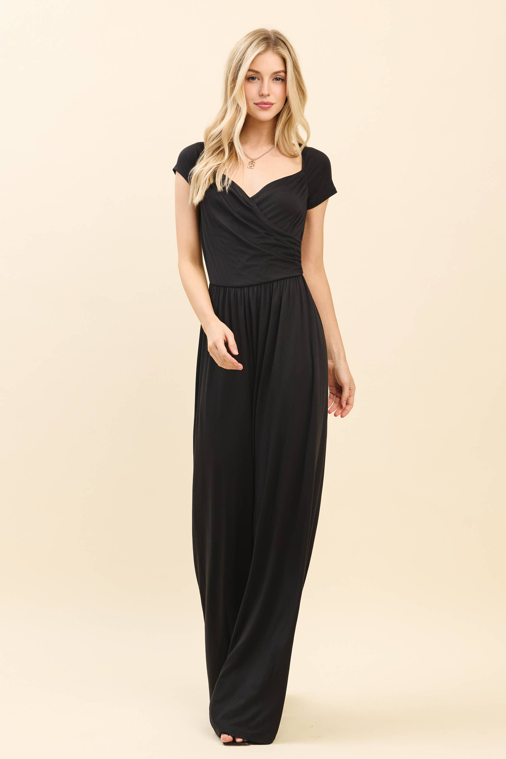 Heart & Hips - Wholesale Jumpsuit - Women's - JR56657 - RUCHED SURPLICE PALAZZO JUMPSUIT0
