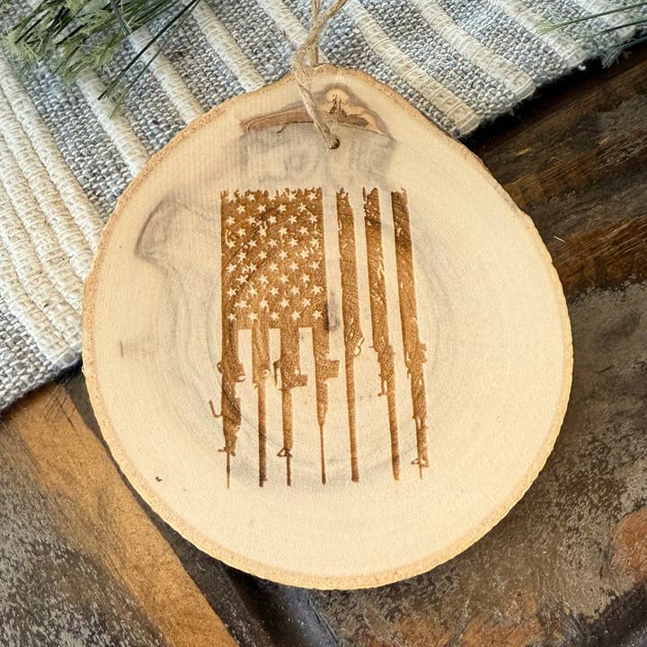 Gun Flag Christmas Ornament on Real Wood Slice, Military for wholesale by Parks Art Collection