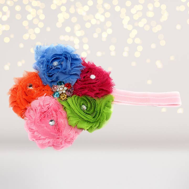 Chicky Chicky Bling Bling - Venta al por mayor Cinta para el pelo - Niños - Diadema de molinete de arcoíris suave Shabby Flowers, banda elástica suave2