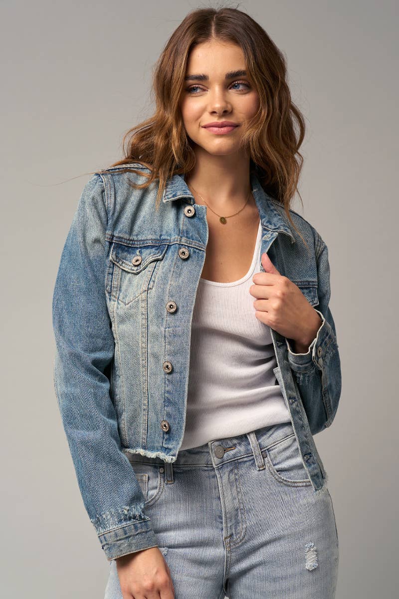 Insane Gene USA – wholesale Denim jacket – Women's – Flap Pockets Raw Hem Denim Jacket1