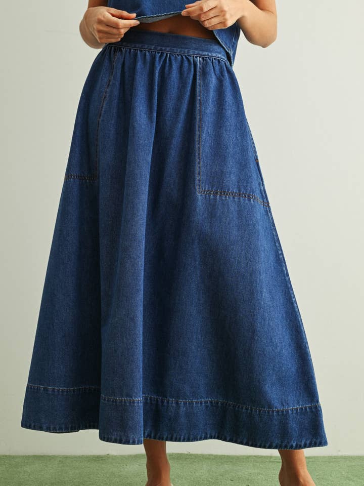 S5869ST SAIA EM DENIM SUAVE EM LINHA A COM BOLSO por atacado de MIOU MUSE