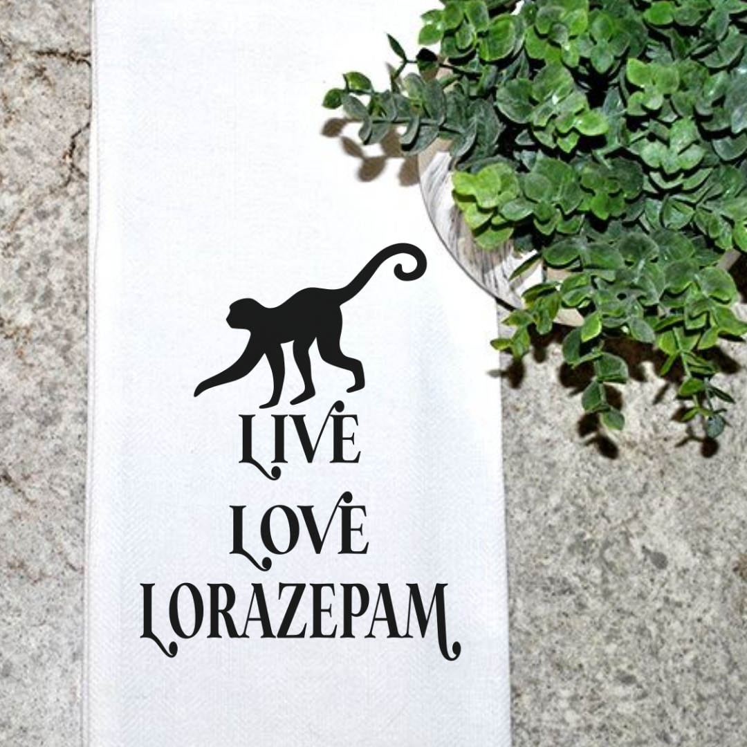 Geez Louise Goods - Wholesale Tea Towel - White Lotus - Live Love Lorazepam towel0