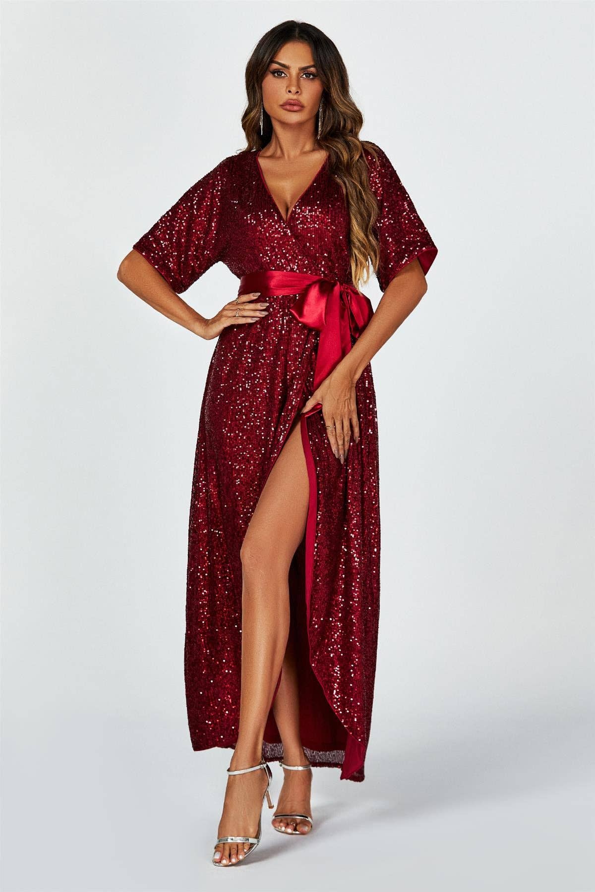 Wrap Style Sequin Maxi Dress In Wine for wholesale on Faire4