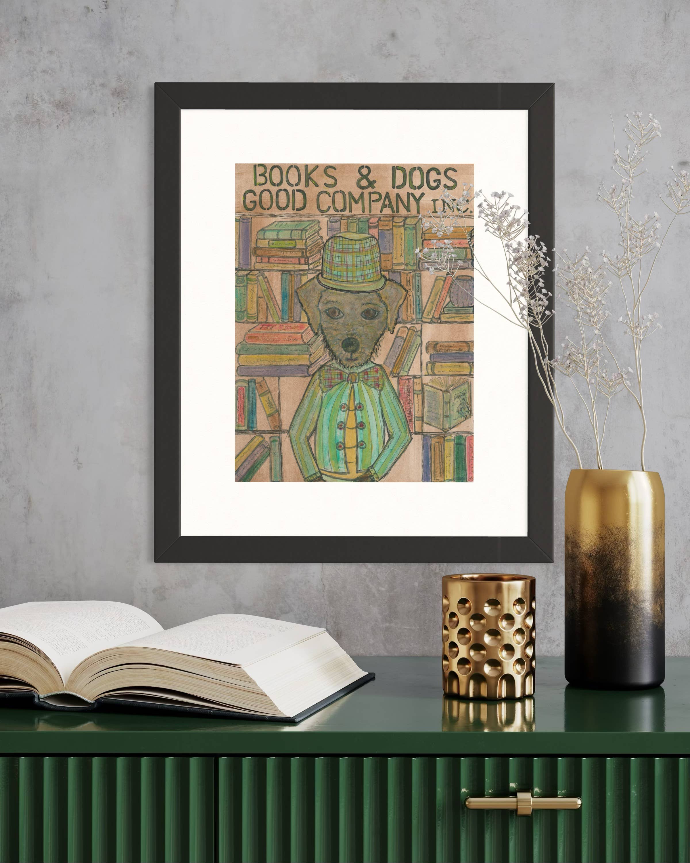 Bernie Street Studios - Wholesale Art Print - BOOKS & DOGS good company vintage inspired print library dog1