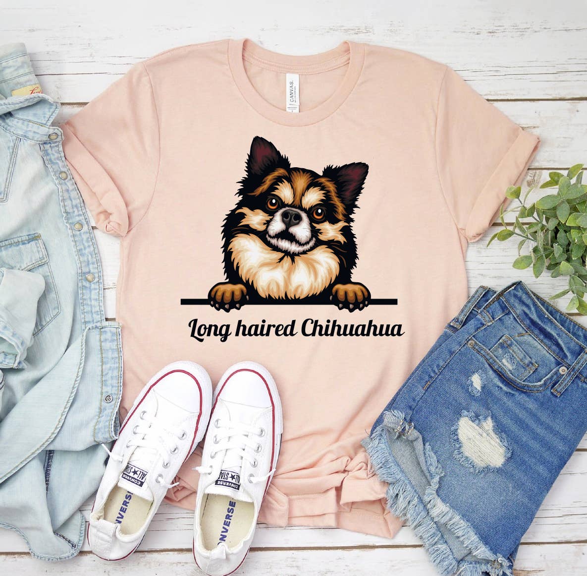 Printliss - Wholesale Screen Printed T-Shirt - Women's - Peeking Long Haired Chihuahua Dog T-shirt - Bella Canvas0
