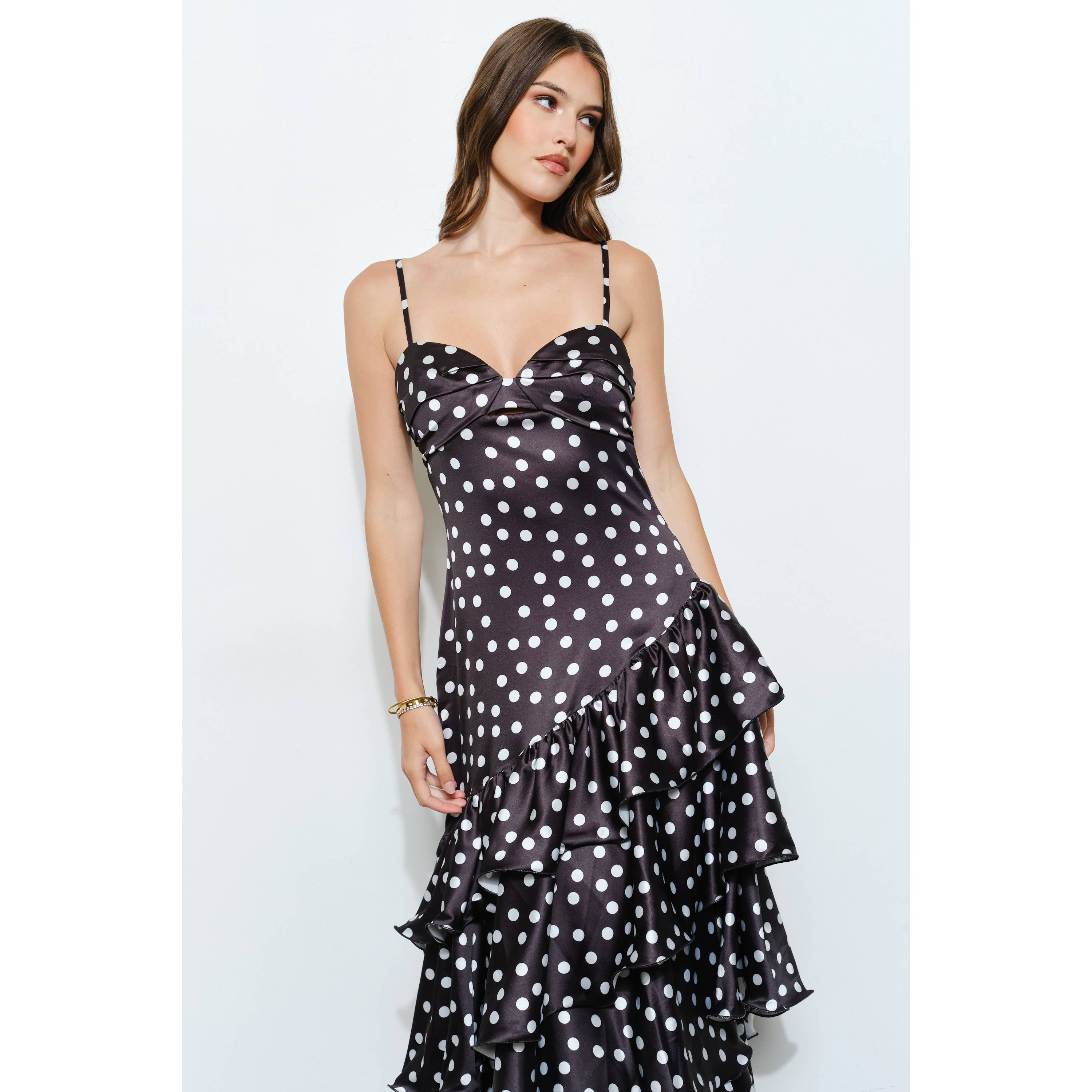 INA – wholesale Dress – Women's – Satin Polka Dot Tiered Ruffle Maxi Dress15