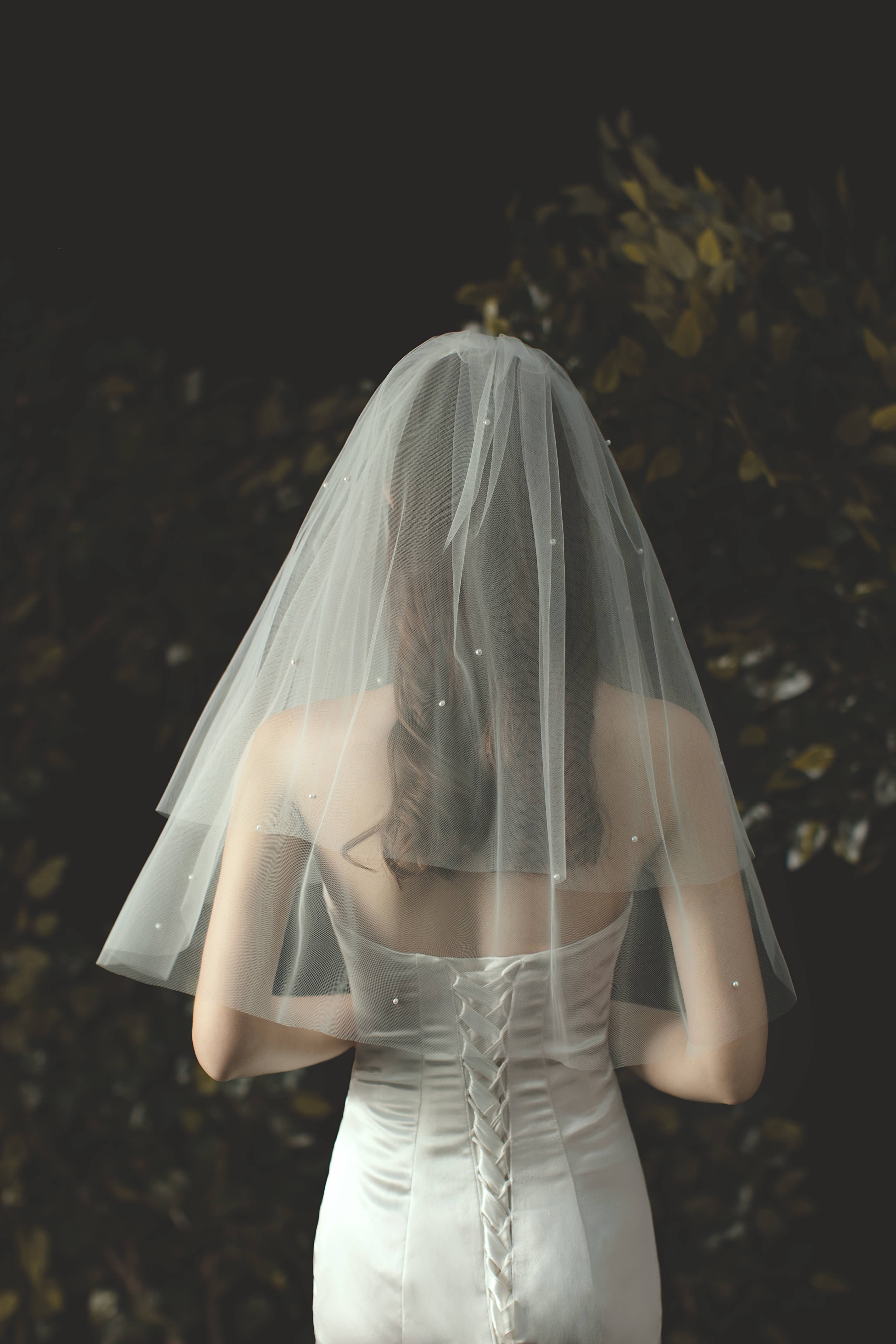 Floris Linens - Wholesale Veil - Women's - Two-Tiered Sheer Bridal Wedding Veil with Scattered Pearls